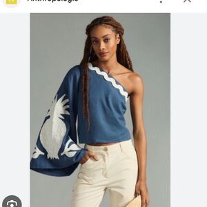 NWT—FARM Rio Blue One-Shoulder Bell Sleeve Top with Embroidered Details